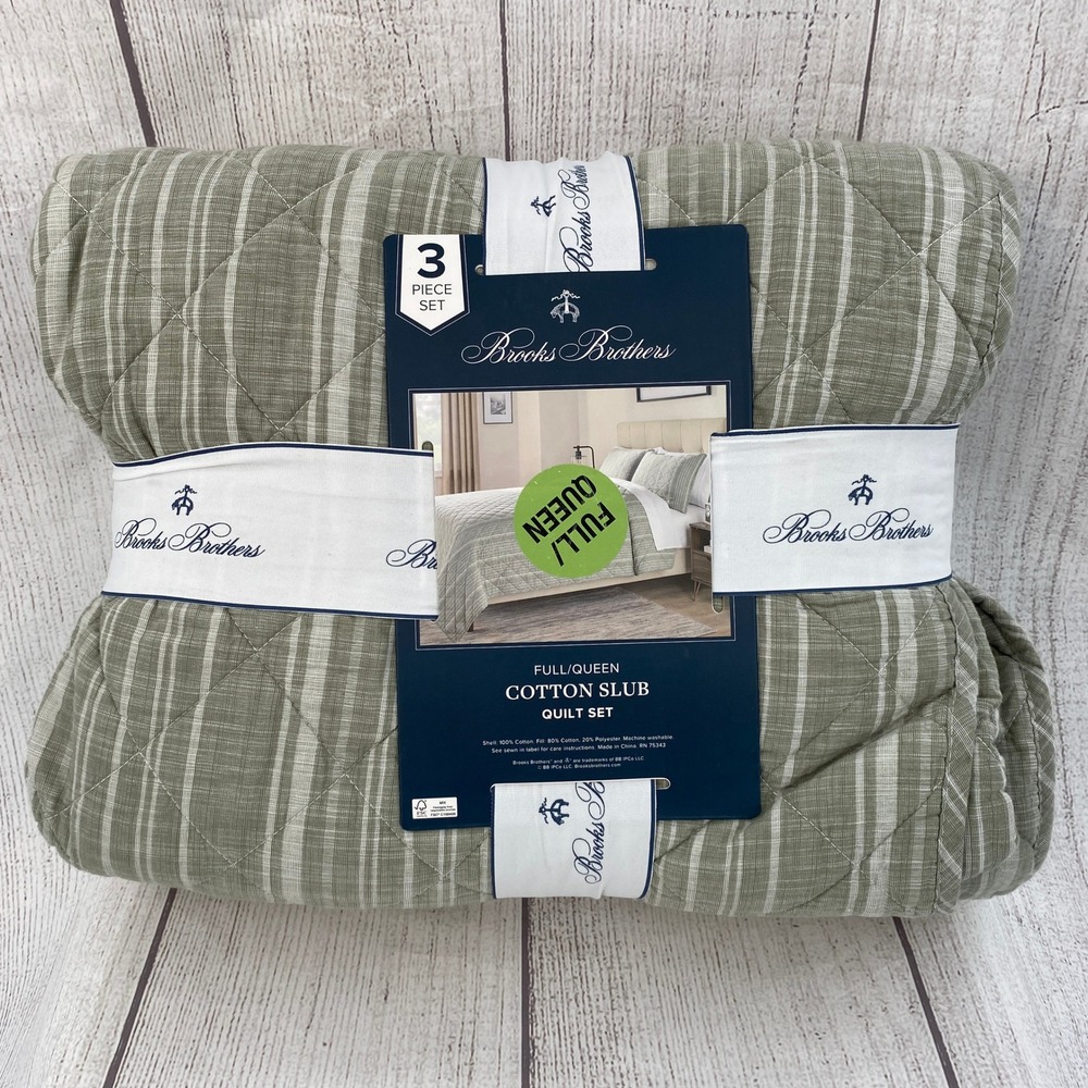 Brooks Brothers Quilt Set Full Queen Sage Green Plaid Cotton Slub Classic